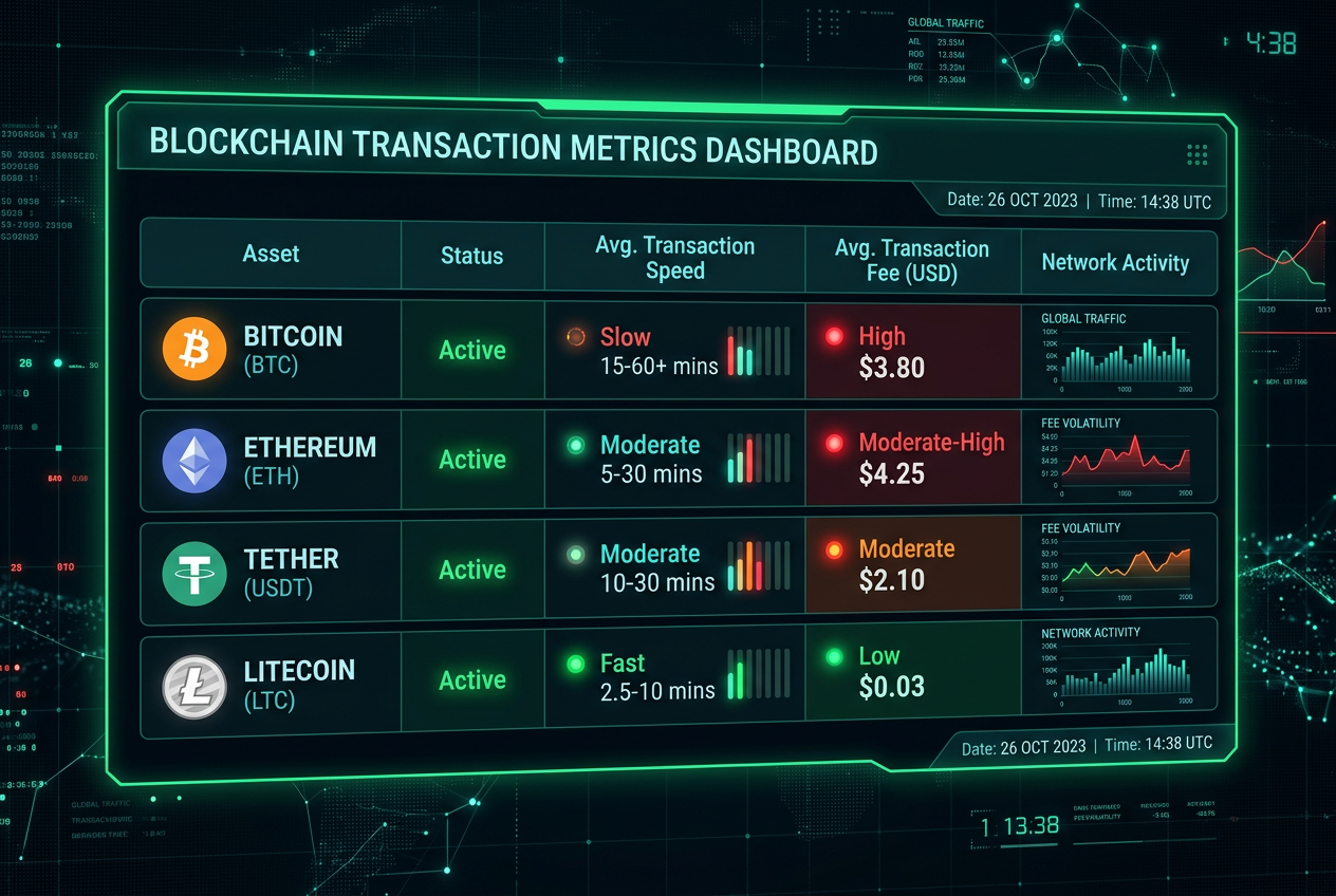Porównanie opłat i szybkości transakcji kryptowalut BTC, ETH, USDT i LTC.