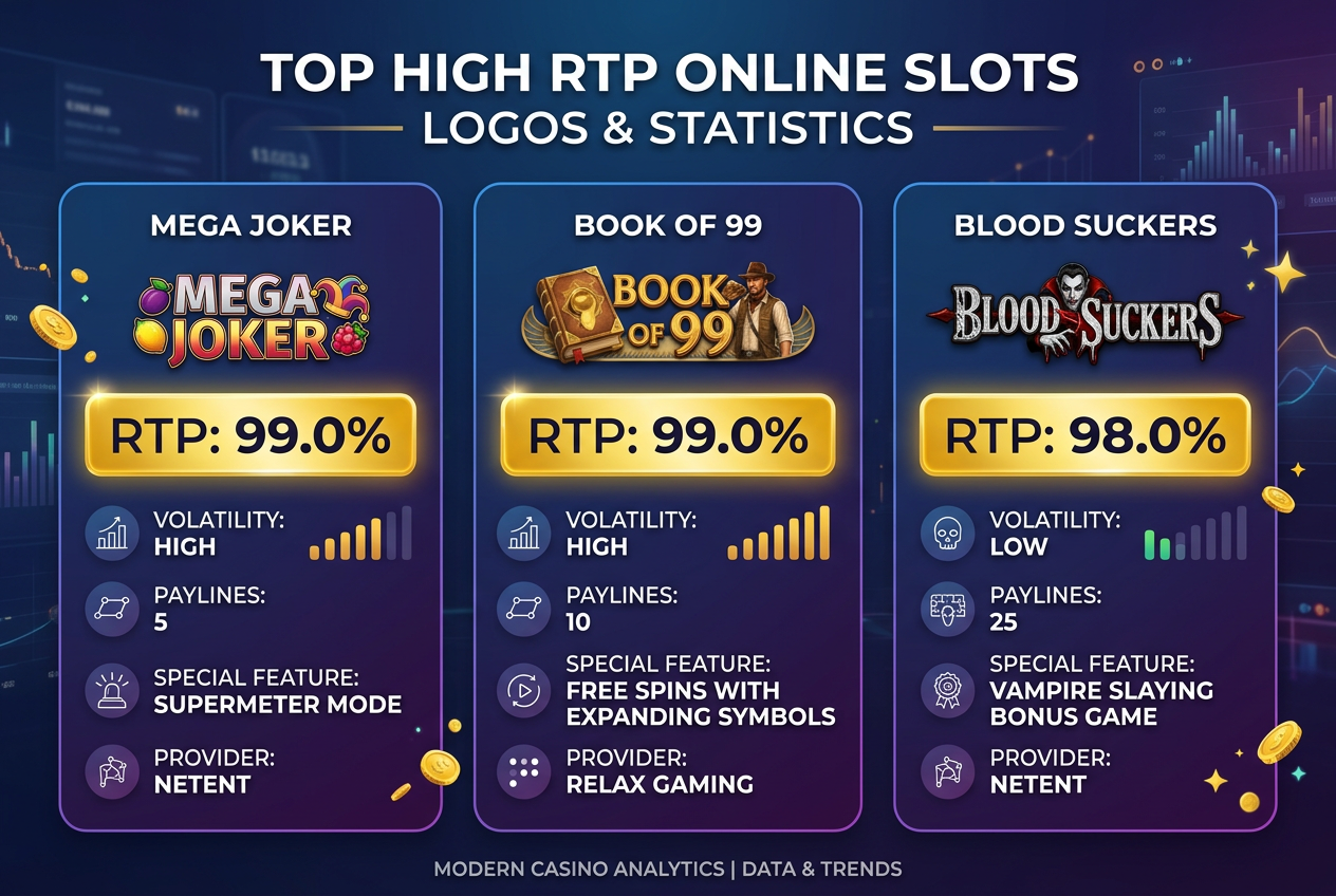 Professional infographic showing high RTP online slots Mega Joker, Book of 99 and Blood Suckers