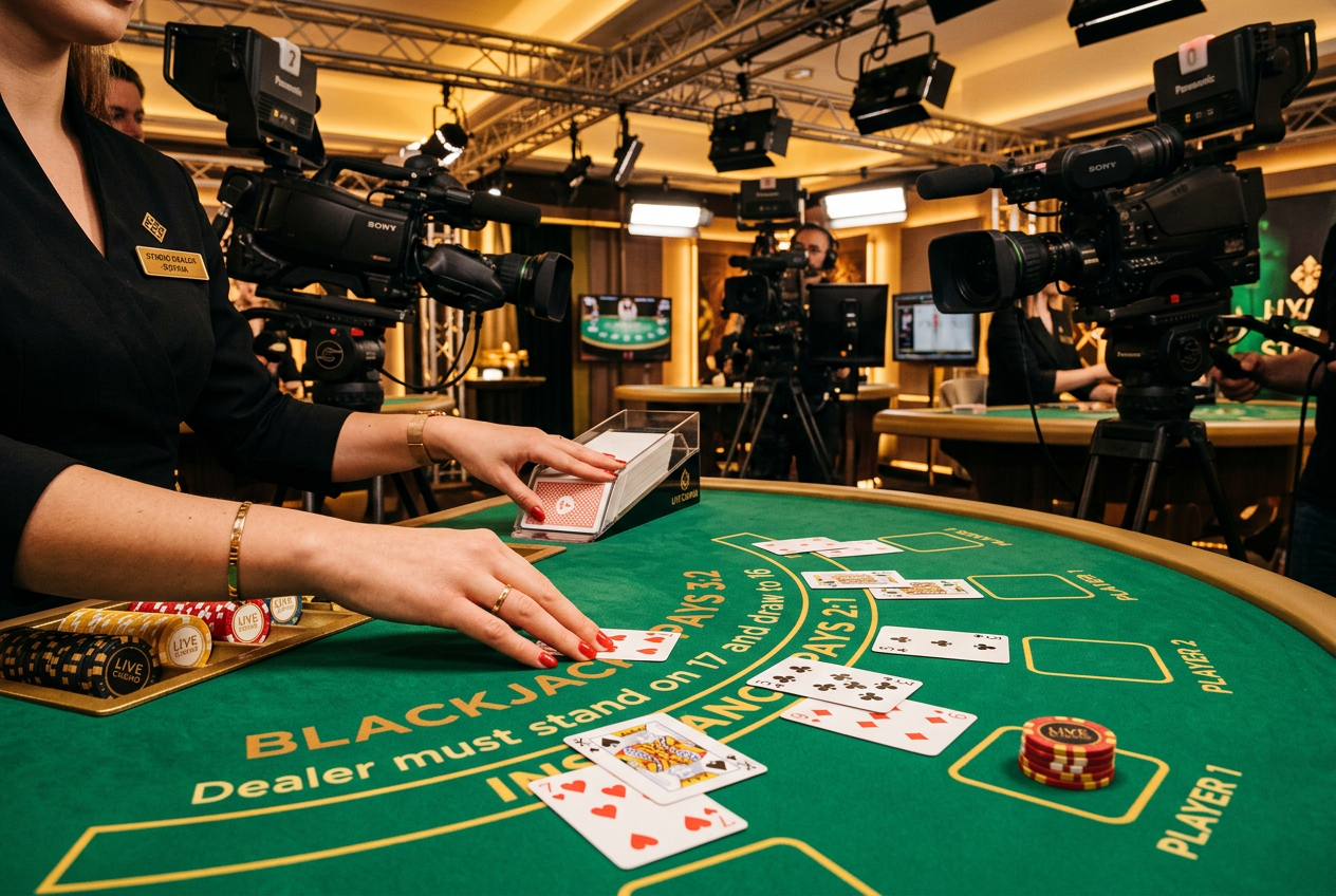 Krupier w studiu kasyna na żywo przy stole do blackjacka