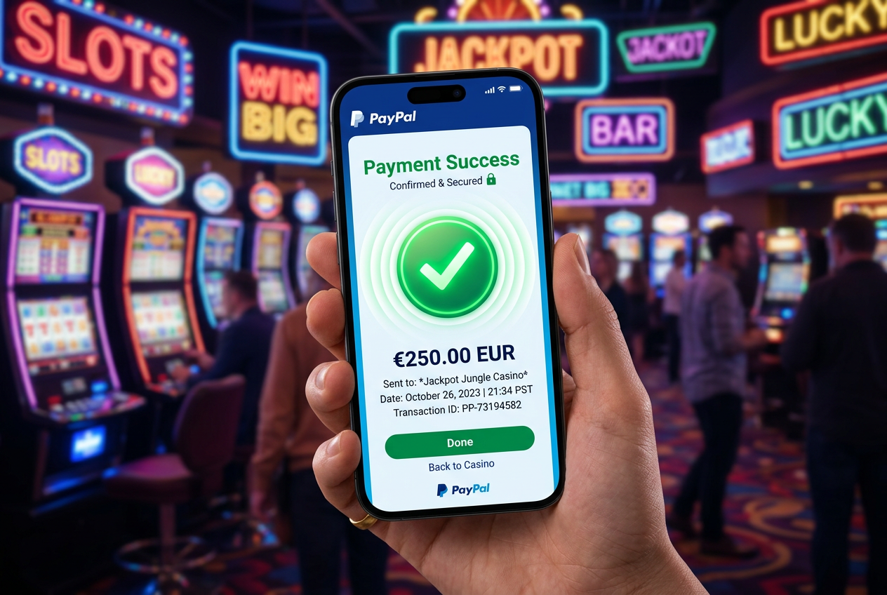 Interfejs płatności mobilnej PayPal na smartfonie na tle automatu do gry