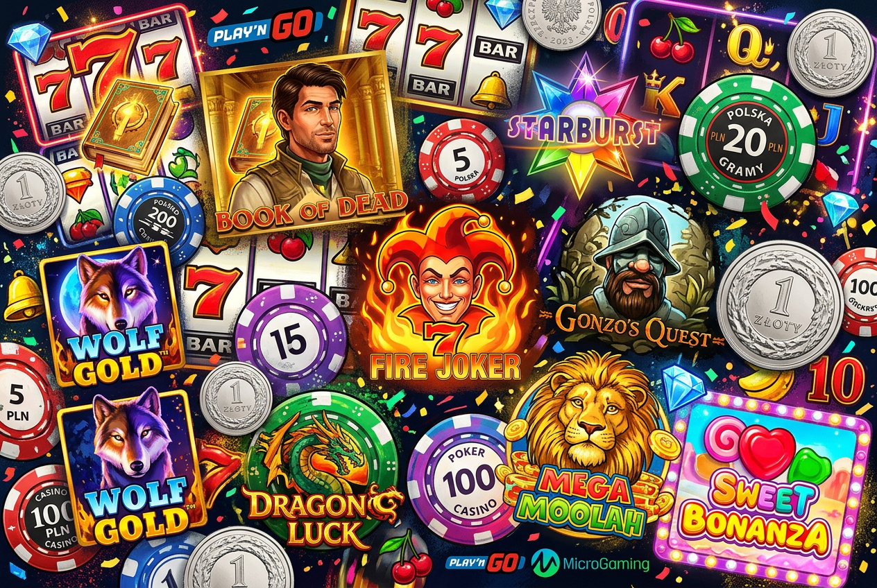 Kolaż ikon popularnych automatów wideo typu penny slots z monetami 1 PLN