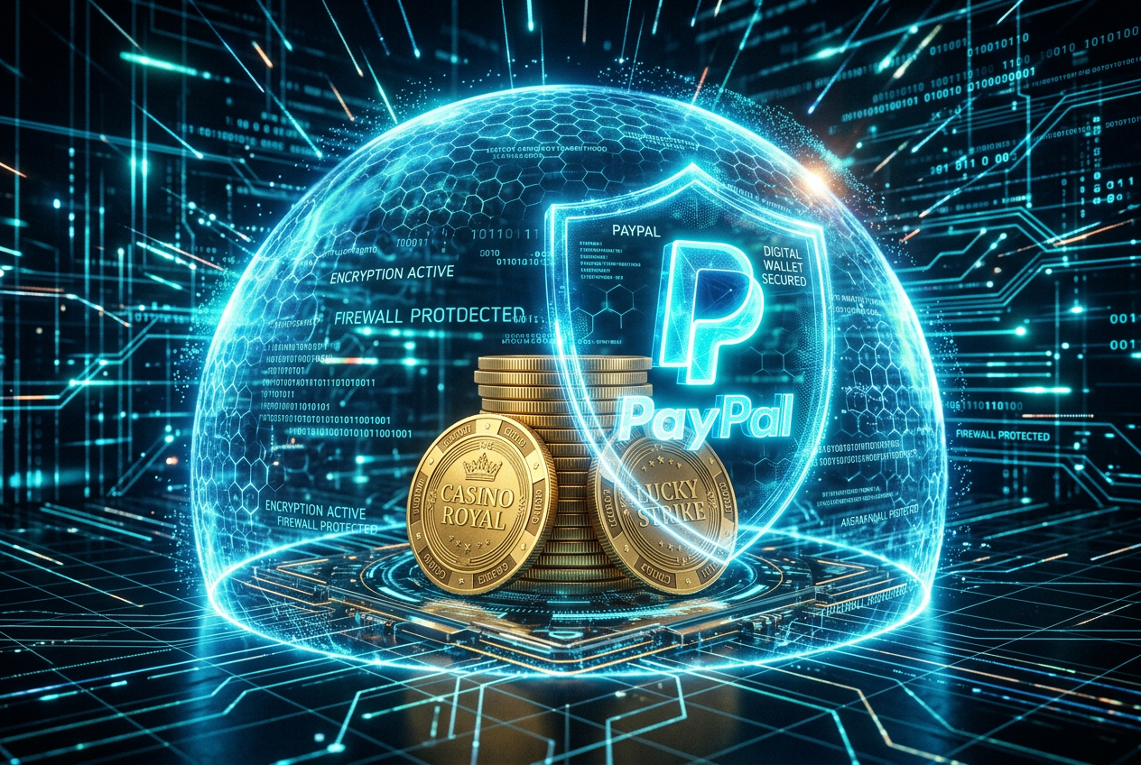 Cyfrowa tarcza chroniąca żeton kasynowy i logo PayPal na tle matrycy danych